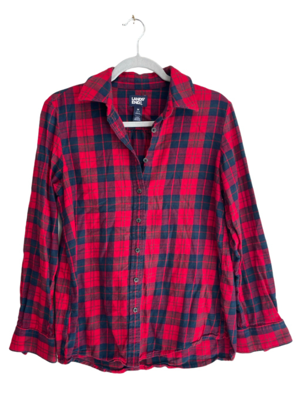 Lands End Flannel Shirt Womens Medium 10-12 Red Navy Plaid Button Up Long Sleeve